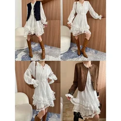Early Spring New Vacation Style Lace Up Waist Cinching Patchwork Irregular Layered Dress