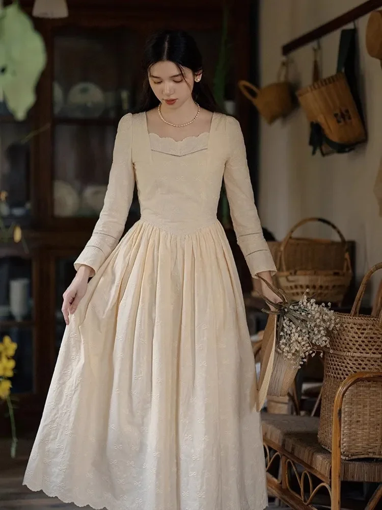 84-96cm Bust SpringFall Long Dresses For Women French Vintage Elegant Slim Embroidery 100%Cotton Dress Mori Girls Commuter Dress