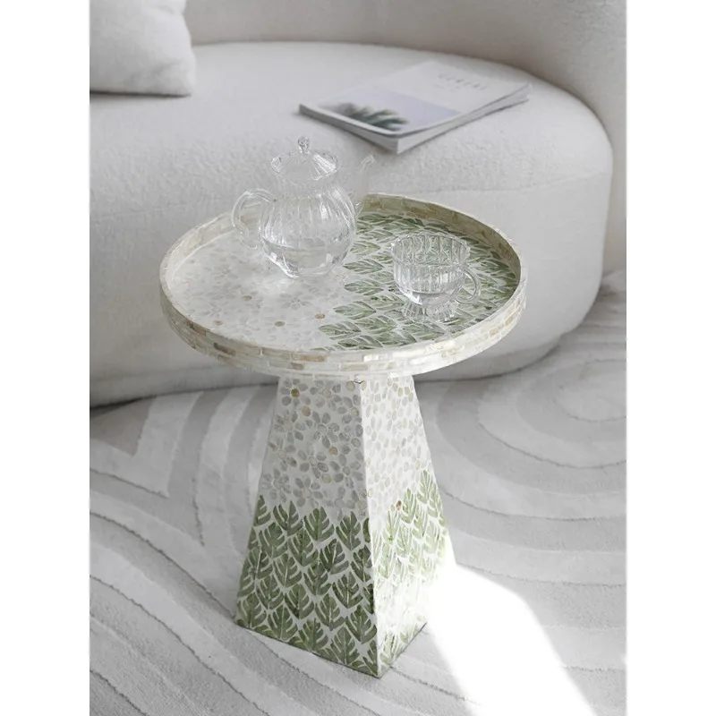 French Vintage Mother of Pearl Side Table, Luxury Sofa Corner Accent Table for Living Room Home Decor