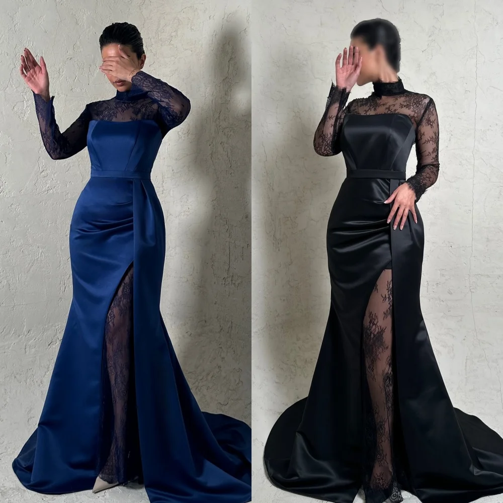 

Customized High Quality Fashion Charmeuse Lace Pleat Mermaid High Collar Long Dresses Bespoke Occasion Dresses Modern Style