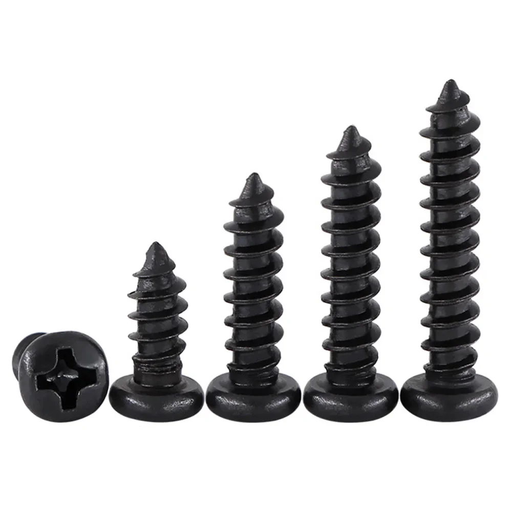 100pcs Black Carbon Steel Screws M1 M1.2 M1.4 M1.5 M1.7 M2 M2.3 M2.6 M3 M3.5 M4 M5 Cross Round Head Phillips Self-tapping Screw