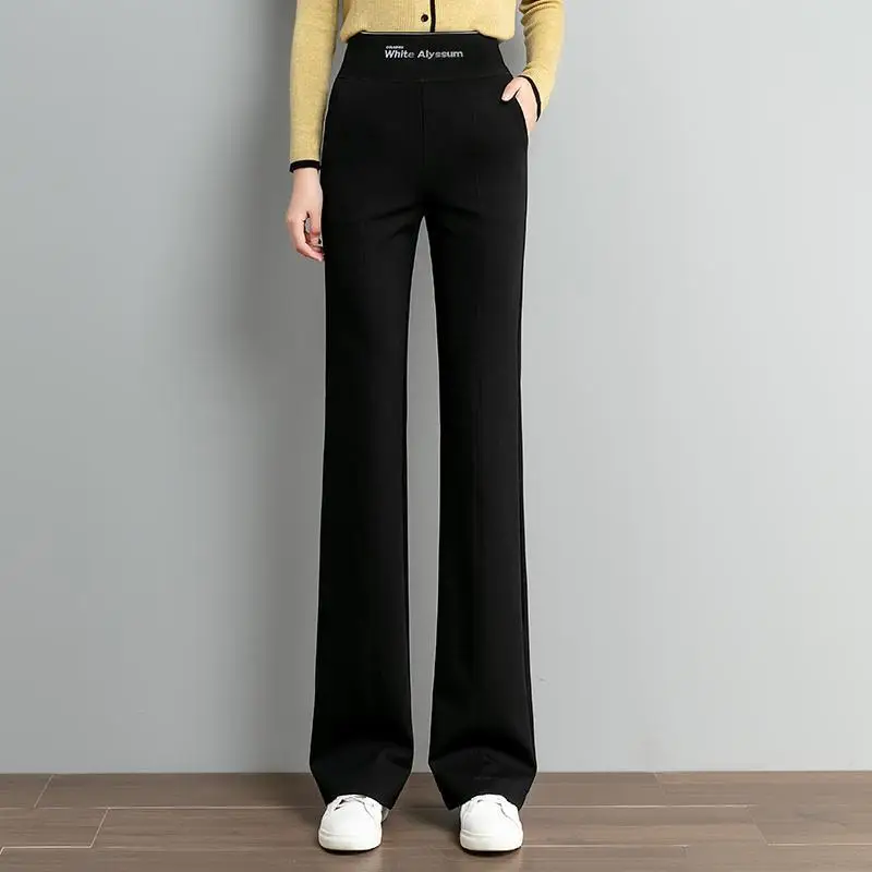 FjSummer-Pantalon droit élastique taille haute pour femme, pantalon à jambes larges, vêtements de tempérament pour femme, monochromatique, noir, mode 2024