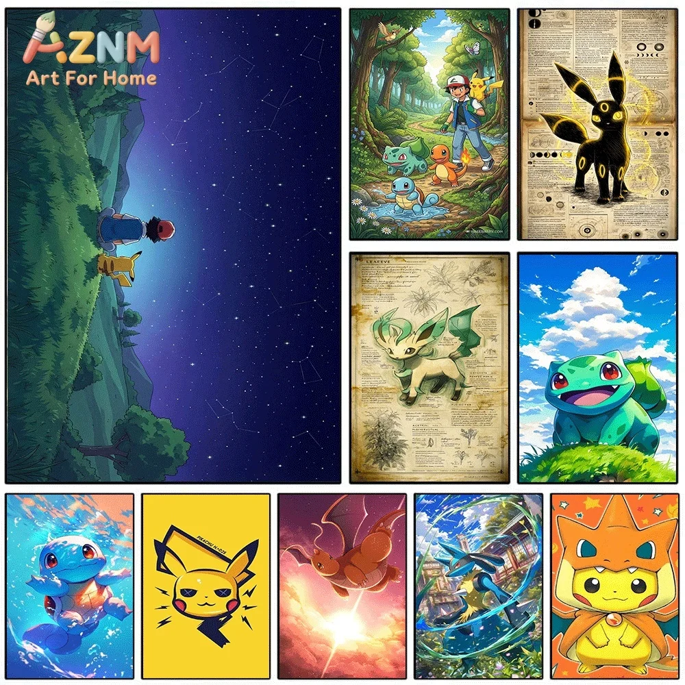 AZNM Ash and Pikachu Starry Night Forest View Anime Canvas Wall Print, Game Character Art Poster, Unframed Canvas Painting for