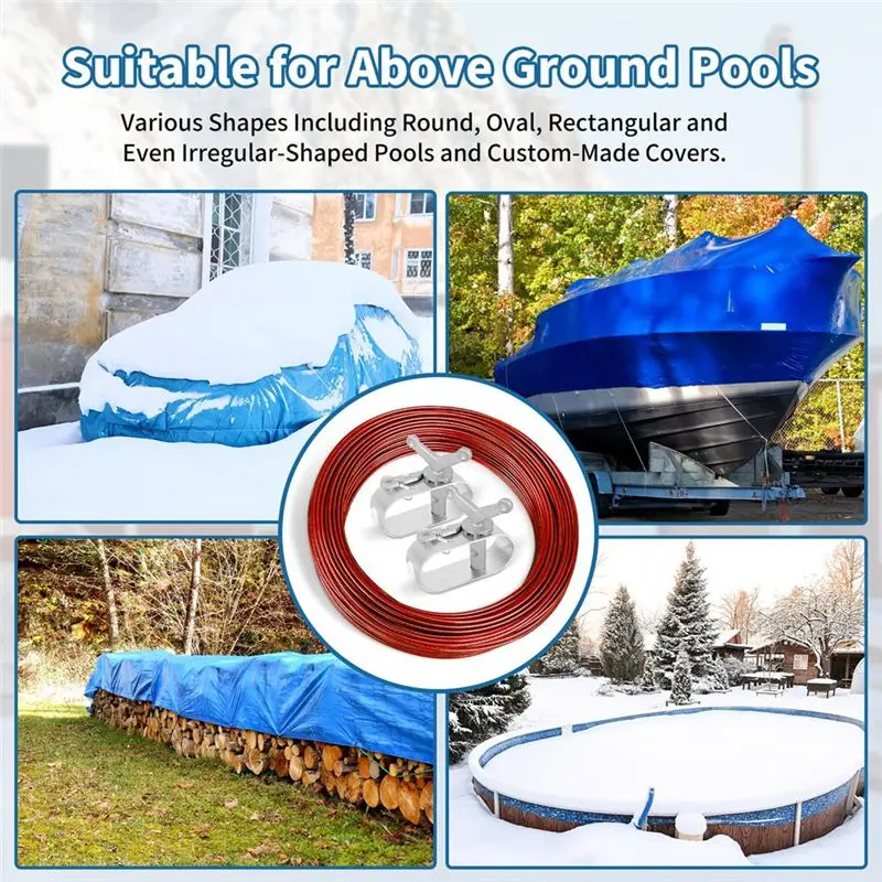 A02M-100Ft Pool Cover Cable & 2 Winch Suitable For Above Ground Swimming Pool For Securing Above Ground Swimming Pool Covers