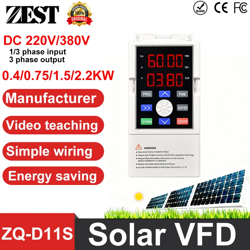 

Solar VFD Inverter Speed Control Input 1phase DC200V-400V Output 3phase 220V 0.4KW-2.2KW Frequency Drive for Motor Speed Control