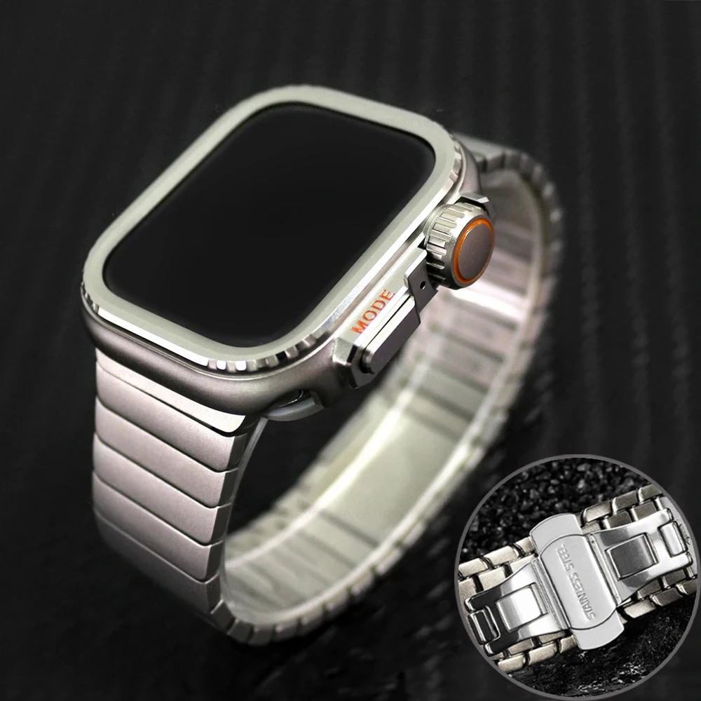 

Metal Case+Strap for Apple Watch band 9 8 7SE 44 45mm Stainless steel Band for iwatch series 6 5 Protective Watch Bumper for men