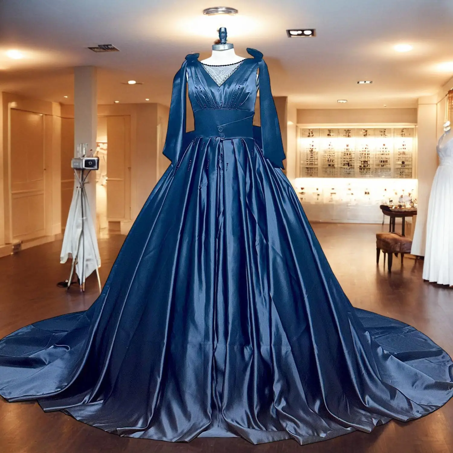 

Hire Lnyer O-Neck Lace Up Back Pearls Black Bow Satin Ball Gown Wedding Dresses Real Office Photos