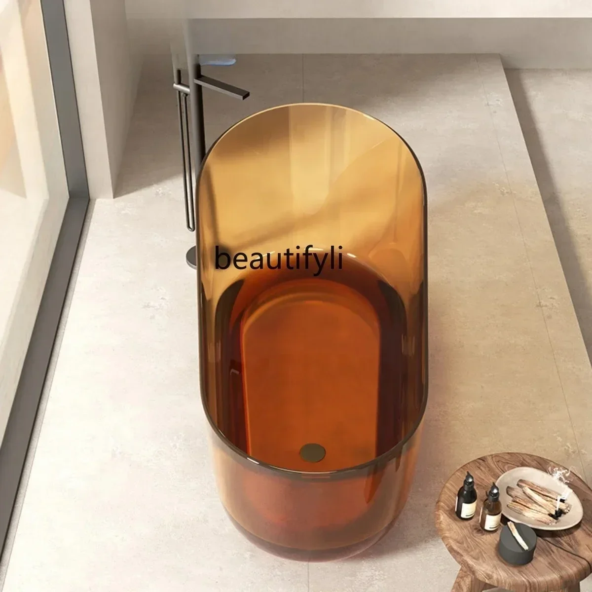 

z.Free-standing transparent household bathtub Color integrated resin design hotel Double bathtub