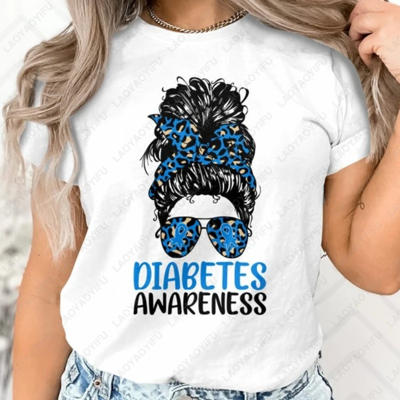 Diabetes Awareness Messy Bun Blue Ribbon Type 1 T1D Tees Men Women Cotton Sublimation Design Pattern Print Tshirt Ropa De Mujer