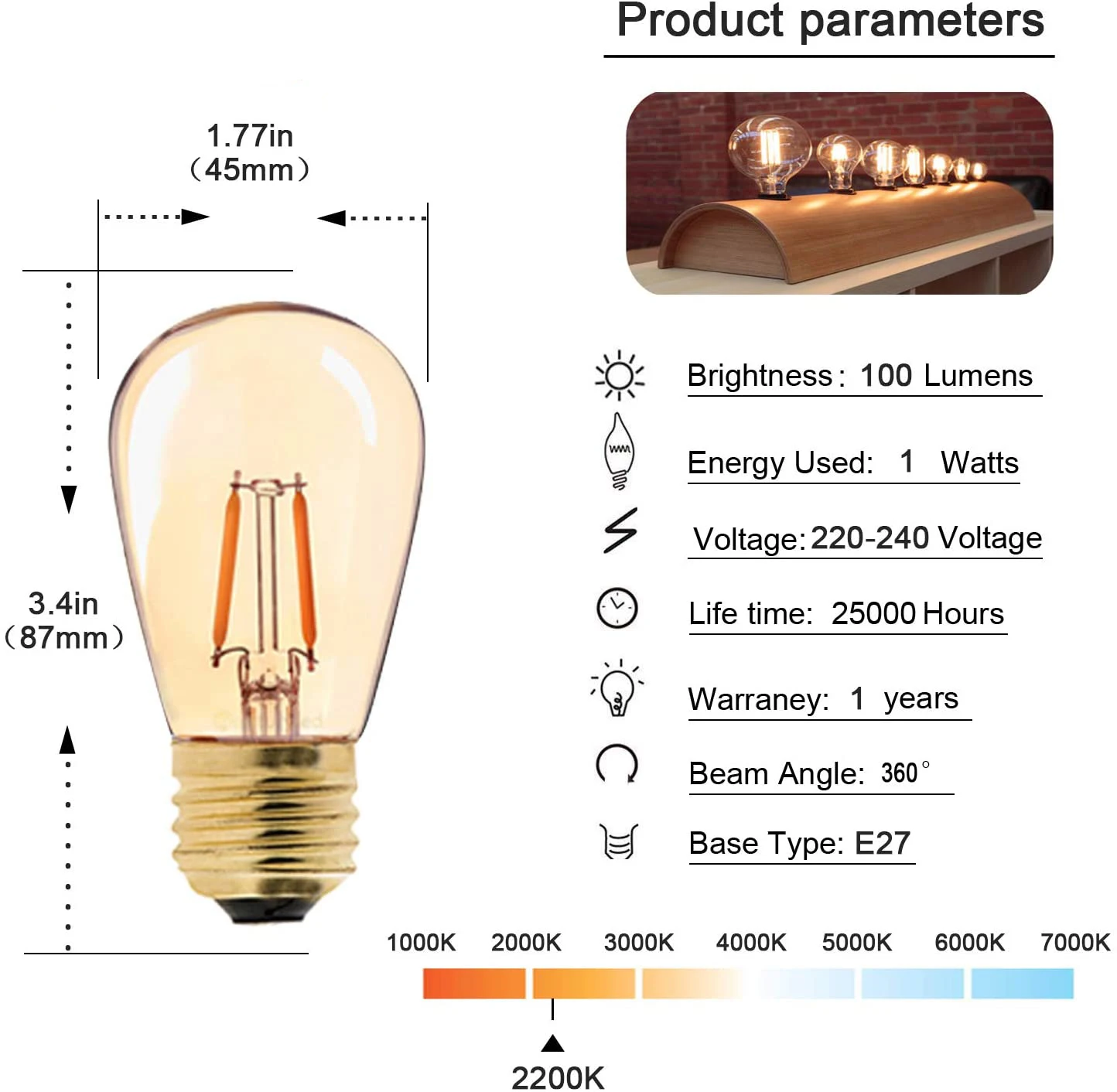 Imagem -02 - Vintage Led Bulbo E27 1w Vidro Âmbar St45 Pode Ser Escurecido Lâmpada Led Quente Amarelo 2200k Edison Lâmpada de Luz para Iluminação da Corda S14