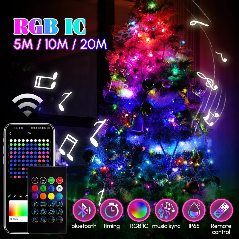 5/10/20M Smart App LED String Lights RGB IC Waterproof Fairy Lights Copper Silver Wire Garland Light For Christmas Decor 2024