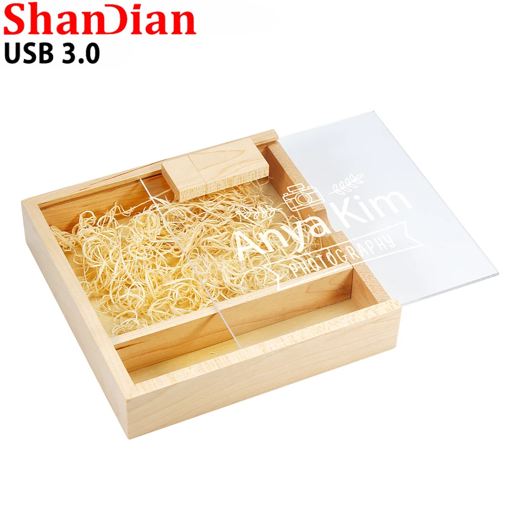 

Wooden Transparent Cover Box USB 3.0 Flash Drive Photography Pen Drive Free Customized Logo Memory Stick Wedding Album Gift 64GB