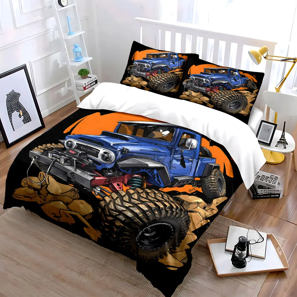 Blue modified off-road car climbing rocks Print Bedding Set 1 Duvet Cover 2 Pillowcases for Adult and Children Luxury Gift