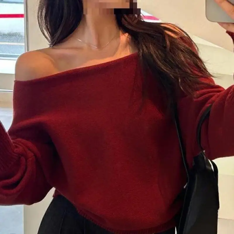 Women's Clothing Batwing Long Sleeve Knitted Pullover Women Off Shoulder Tops Korean Slash Neck Sweaters Loose Casual Outwear