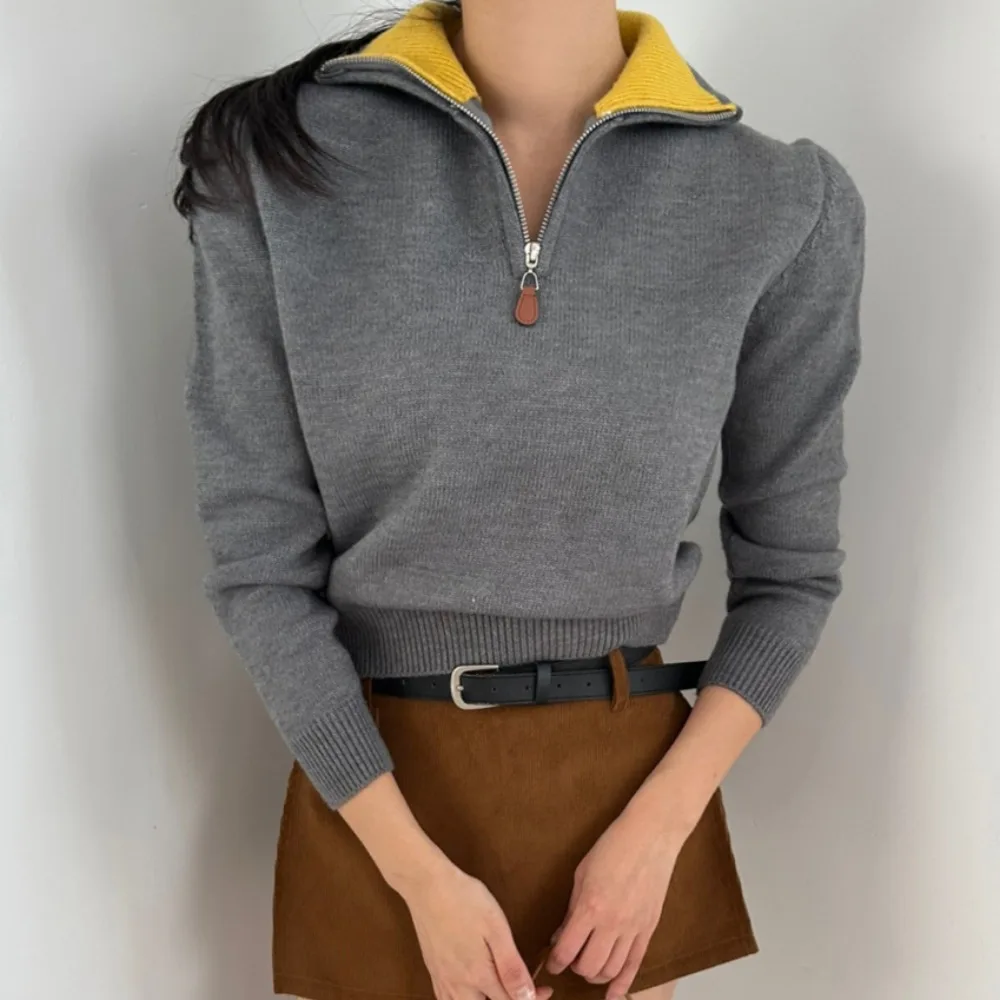 Chique Casual Lange Sve Dameshoodie Kleur Blo Kraag Gebreide Top Koreaanse Sle Herfst Winter Nieuwe collectie Veelzijdige f Zip