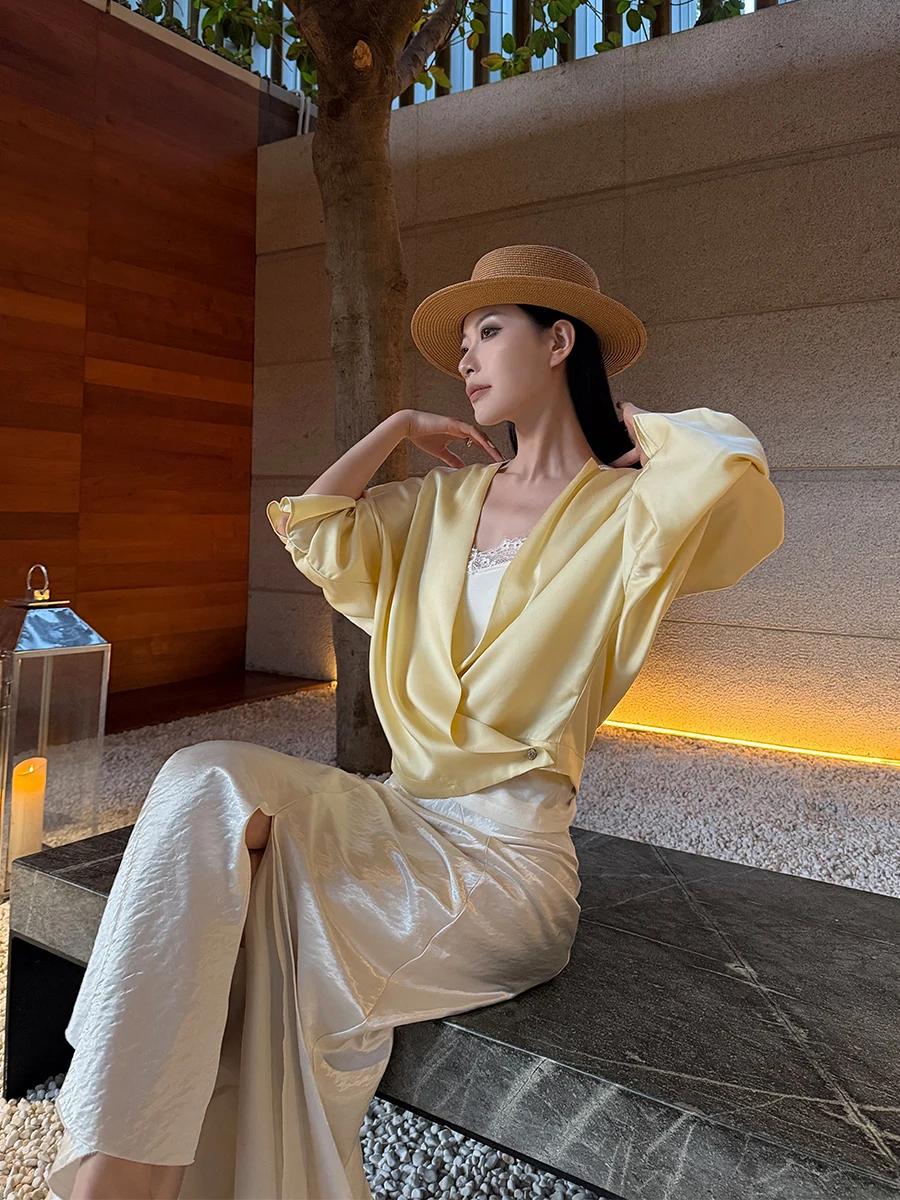 

Элегантная женская шелковая рубашка с запахом, повседневный стиль, длинный рукав, укороченная, однотонная, для офиса, весенняя модная блузка