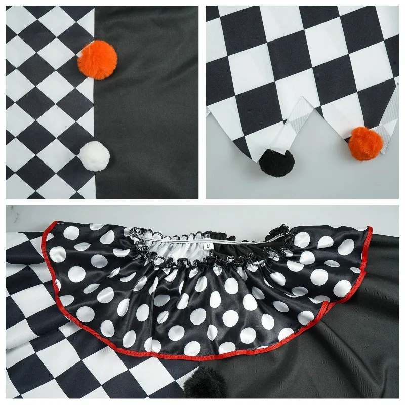 Adult Circus Clown Cosplay Costume Women Black White Joker Cloak Hat Gloves Set Halloween Masquerade Party Role Play Outfits