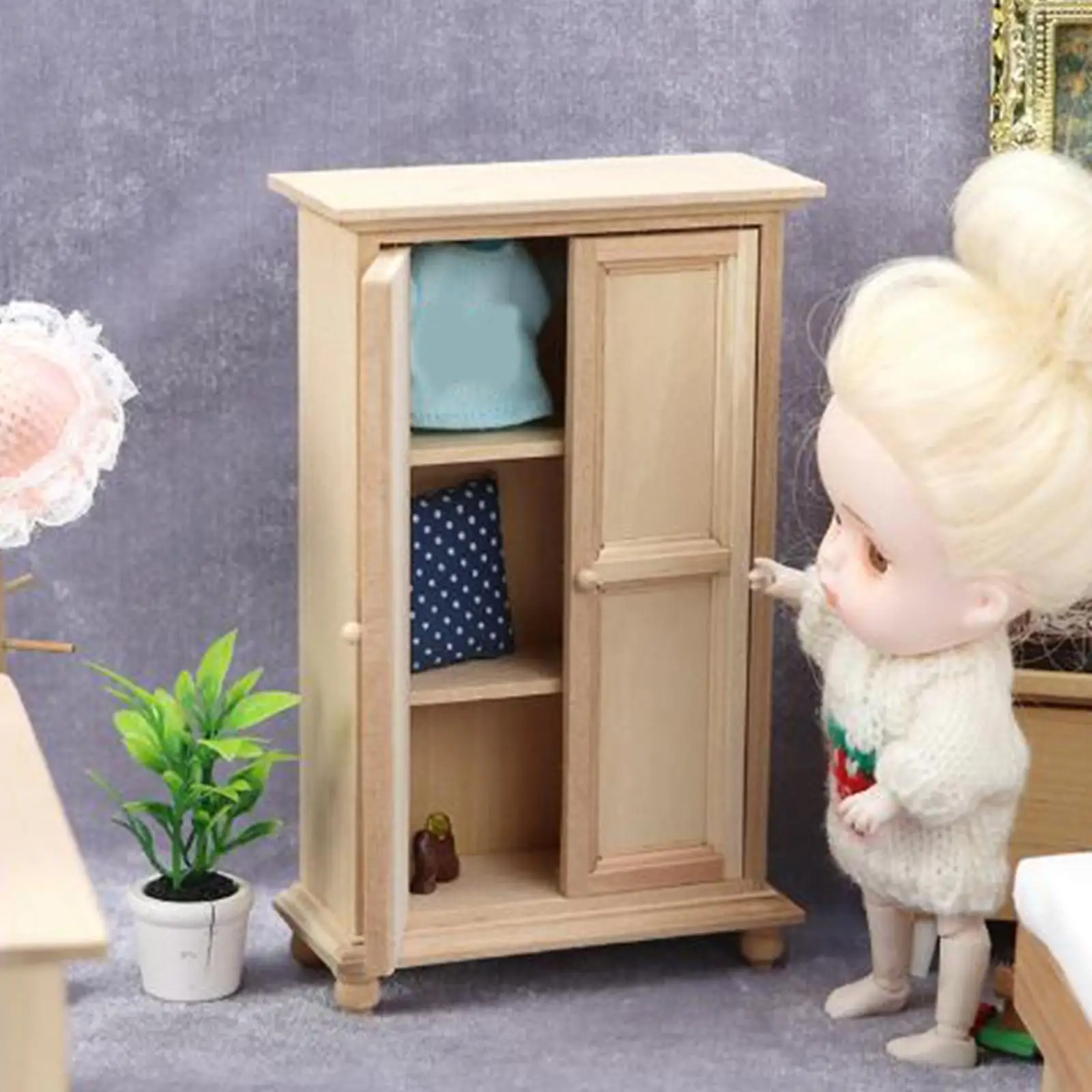 1/12 Dollhouse Double Door Cabinet Mini Display Cabinet Miniature Closet for Furnishings