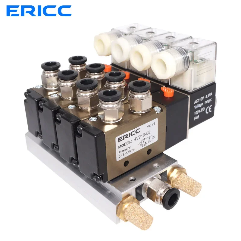 4V210-08 DC12V 24V 2 Positions 5 Way Quadruple Solenoid Valve Aluminum Base Fitting Mufflers Set 3 4 5 6 Stations AC110V AC220V