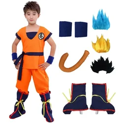 Halloween Adulto Crianças Ternos Filho Goku Gui Carnaval Anime Cosplay Férias Trajes Cauda Wrister Peruca Azul Ouro Crianças Dress Up