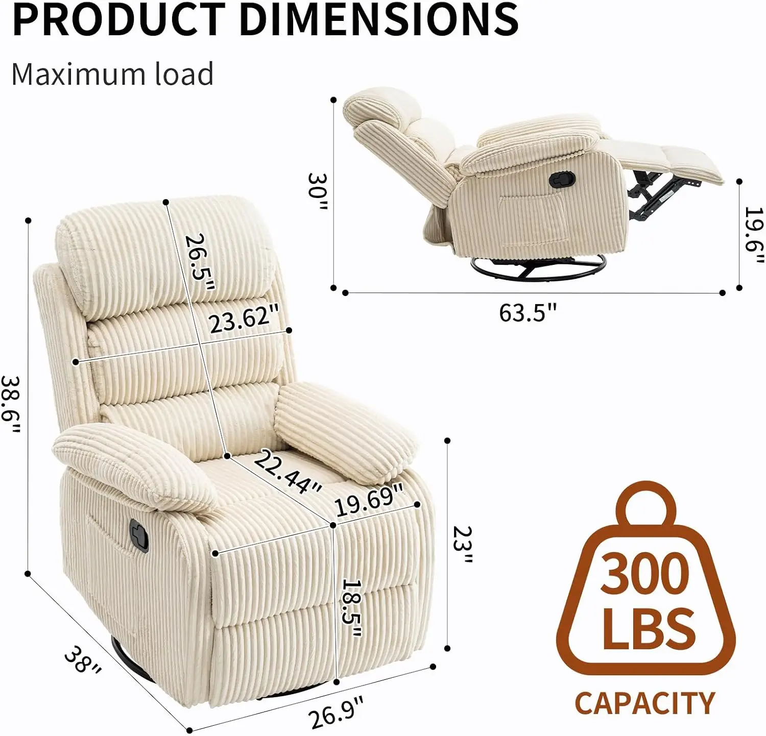 Swivel Rocking Recliner Chair With Side Storage Pocket And Footrest, Ergonomic Glider Single Sofa Armchair For Living Room And Bedroom, Modern Velvet Lounge Furniture, Beige, One Piece