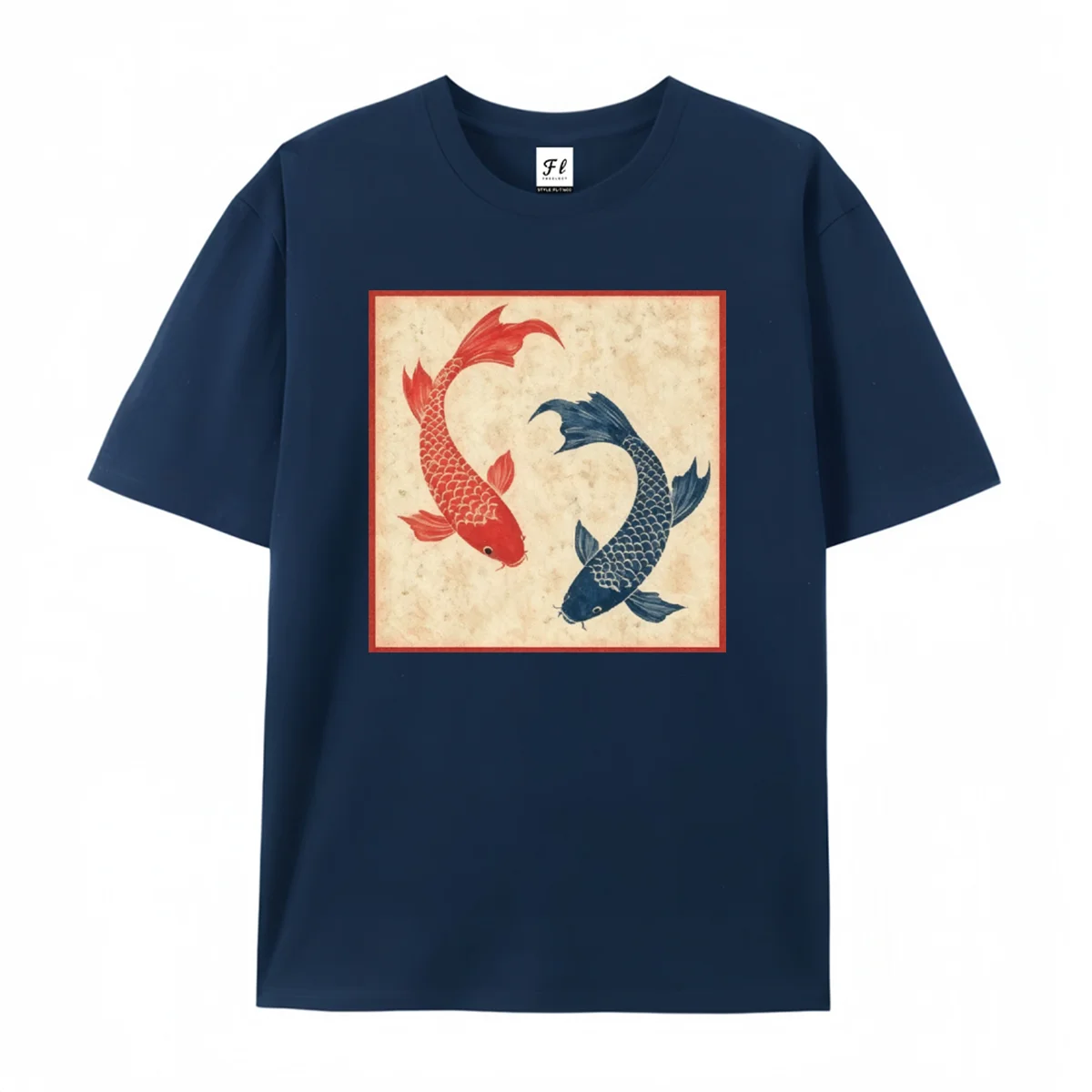 Vintage Koi Fish Yin Yang Square Graphic T Shirt Oriental Red Blue Carp Art Print Tee Aesthetic Japanese Chinese Casual Style