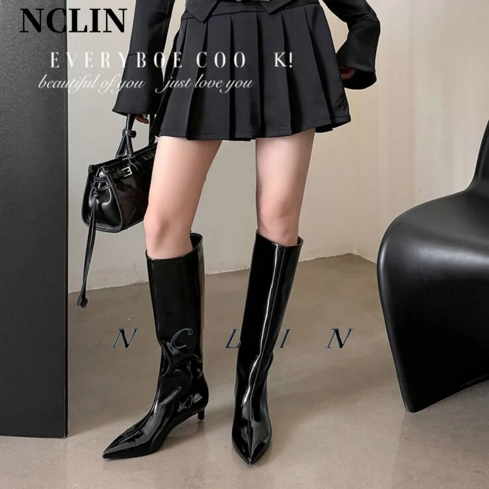 NCLIN-Botas hasta la rodilla para mujer, zapatos de tacón alto fino sin cordones, sexys, puntiagudos, para fiesta y boda, color negro, 2024