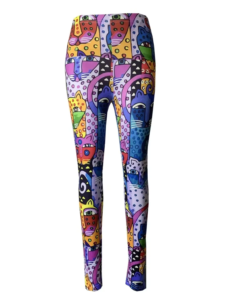 Art Kitten Print slim-fit elastic waist leggings for women traveling everyday wear