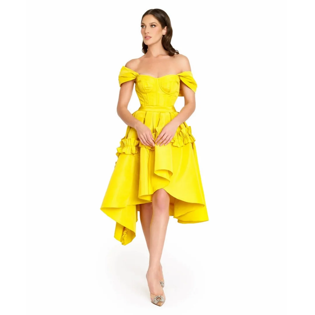 Lemon Off the Shoulder Tea-Length Homecoming Dresses Satin Lovely Pleats Ruffles Irregular Birthday Party Gown Teen's Prom Dress