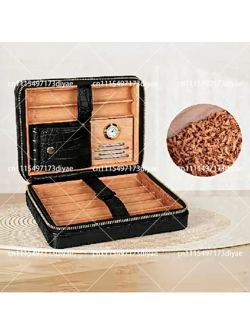 Leather Cigar Humidor with Lighter Built-in Cutter Punch Humidifier Cedar Tray