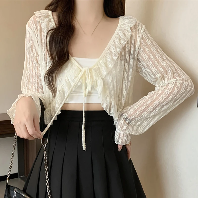 Women Sweet Ruffle Edge Long Sleeved Sunscreen Cardigan Hollow Out Lace up V-neck Short Coat Solid Thin Loose Casual Knit Shawl