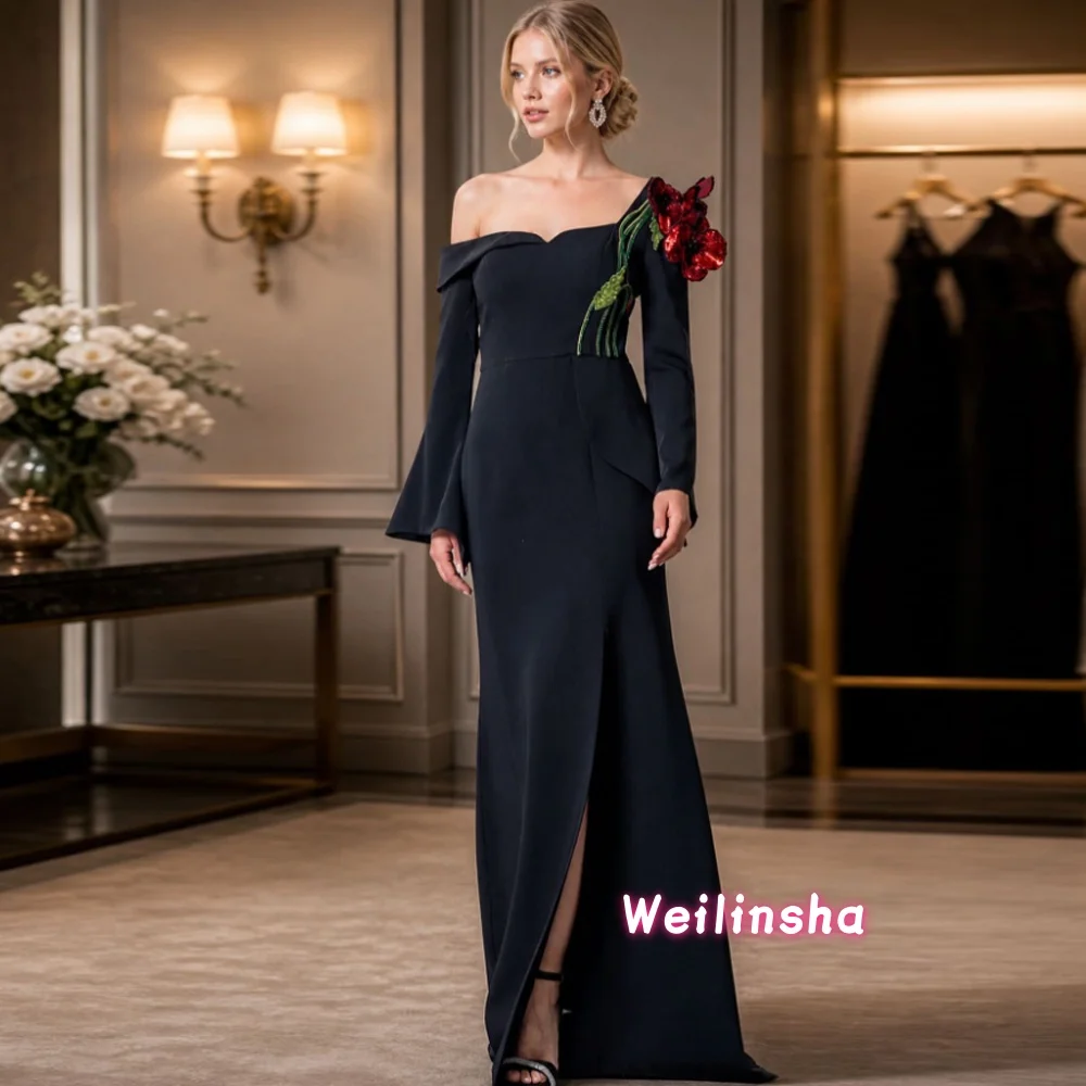 

Evening Dress One Shoulder Long Sleeves Beading Flower Luxury Party Gown Elegant Slit Mermaid Long Prom Dress Customized