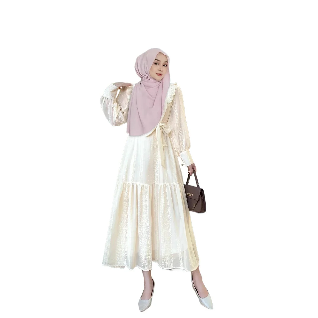 

Indonesia Muslim Women's Clothing Fungus Edge Stand-Up Collar Splicing Lotus Leaf Edge Boutique Embroidered Dress cw53900
