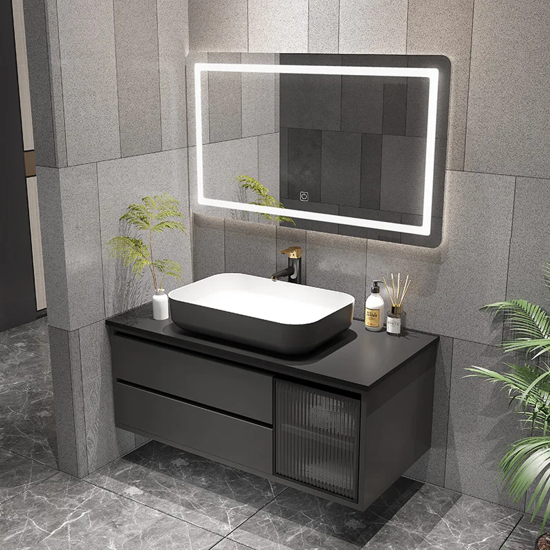 

Minimalist Bathroom Narrow Cabinet Top Ceramic Washbasin Sink Bathroom Vanity Cabinets LED Light Under Sink Bathroom Furniture