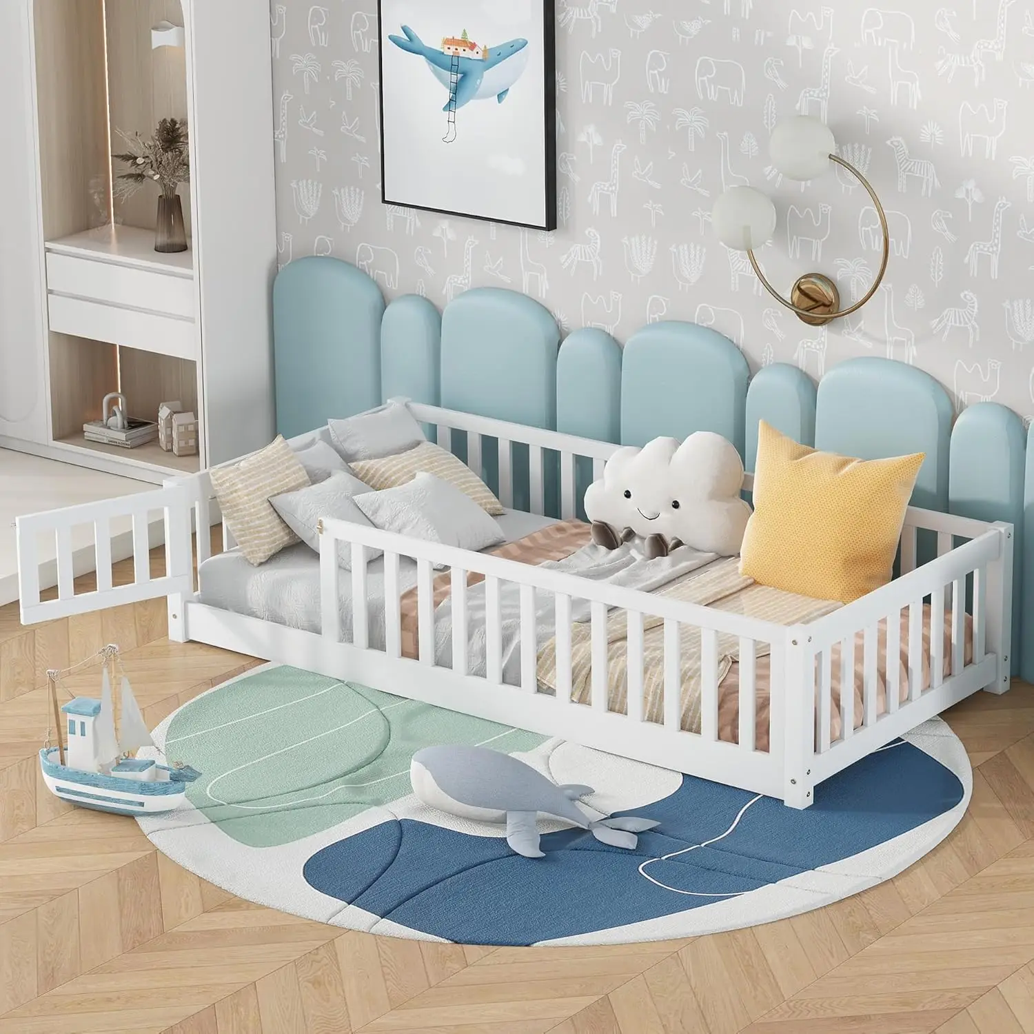 Letto da pavimento per bambini con porta e recinzione, letto da pavimento Montessori con doghe e guide di sicurezza, struttura letto matrimoniale in legno massello per ragazze e ragazzi