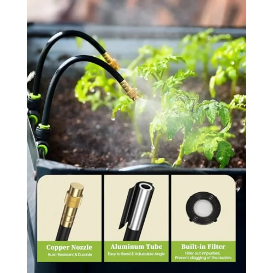 50FT Drip Irrigation System for Greenhouse Lawn Raised Beds Outdoor Plants: Copper Nozzles 360 Adjustable Automatic Timer Kit