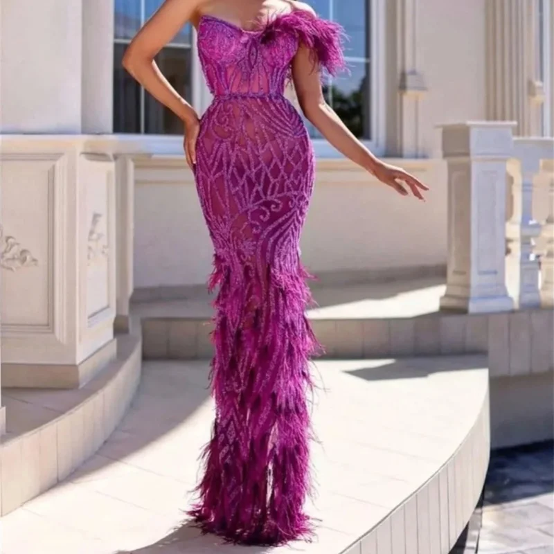 

Elegant one-room sleeved Evening gown Luxurious feather off-the-shoulder and backless Ball Cocktail Party dress