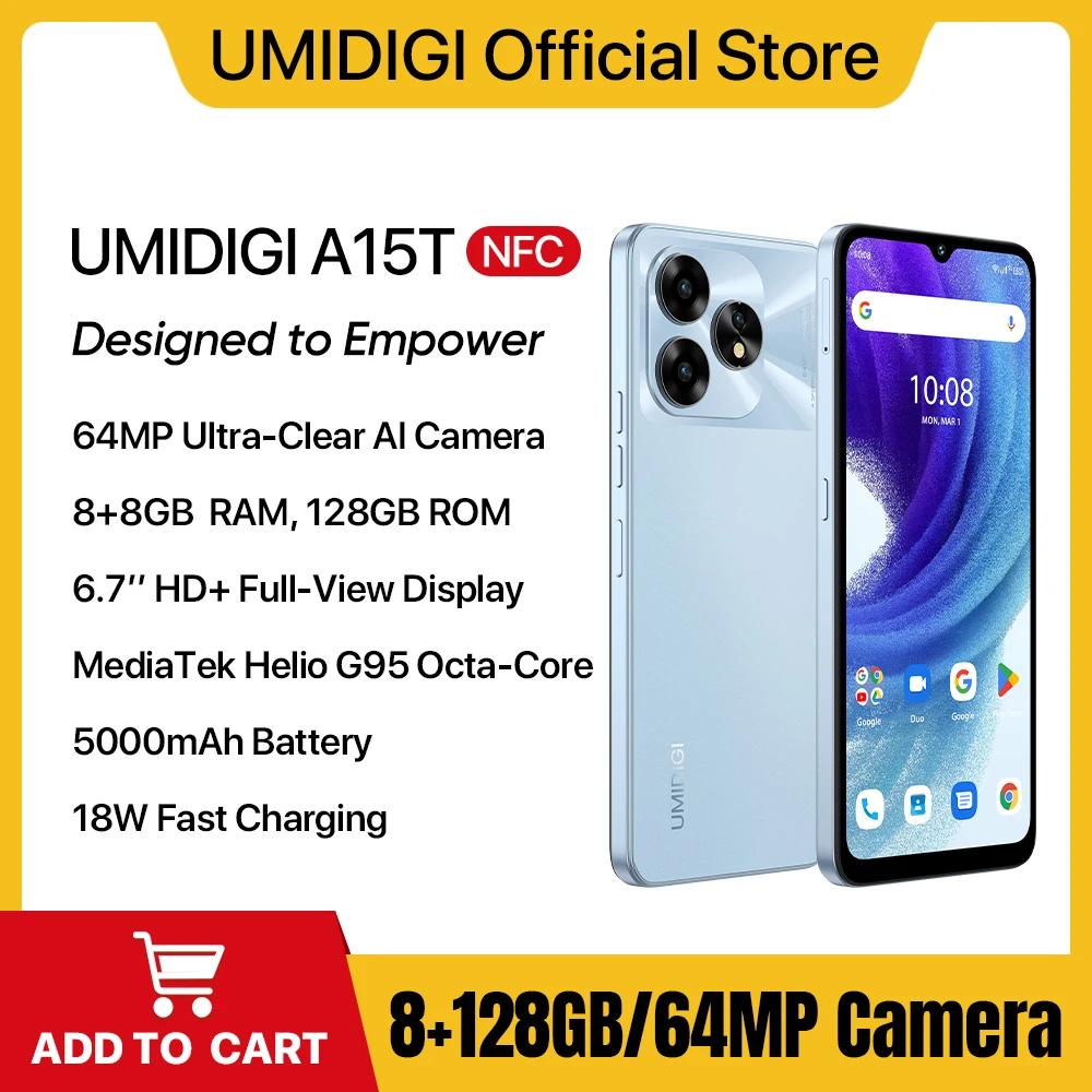 A15T umidigi แอนดรอยด์13 MTK G95 OCTA-core บางเฉียบ6.7 "HD + กล้อง64MP 8 + 8GB 128GB 5000mAh 18W NFC