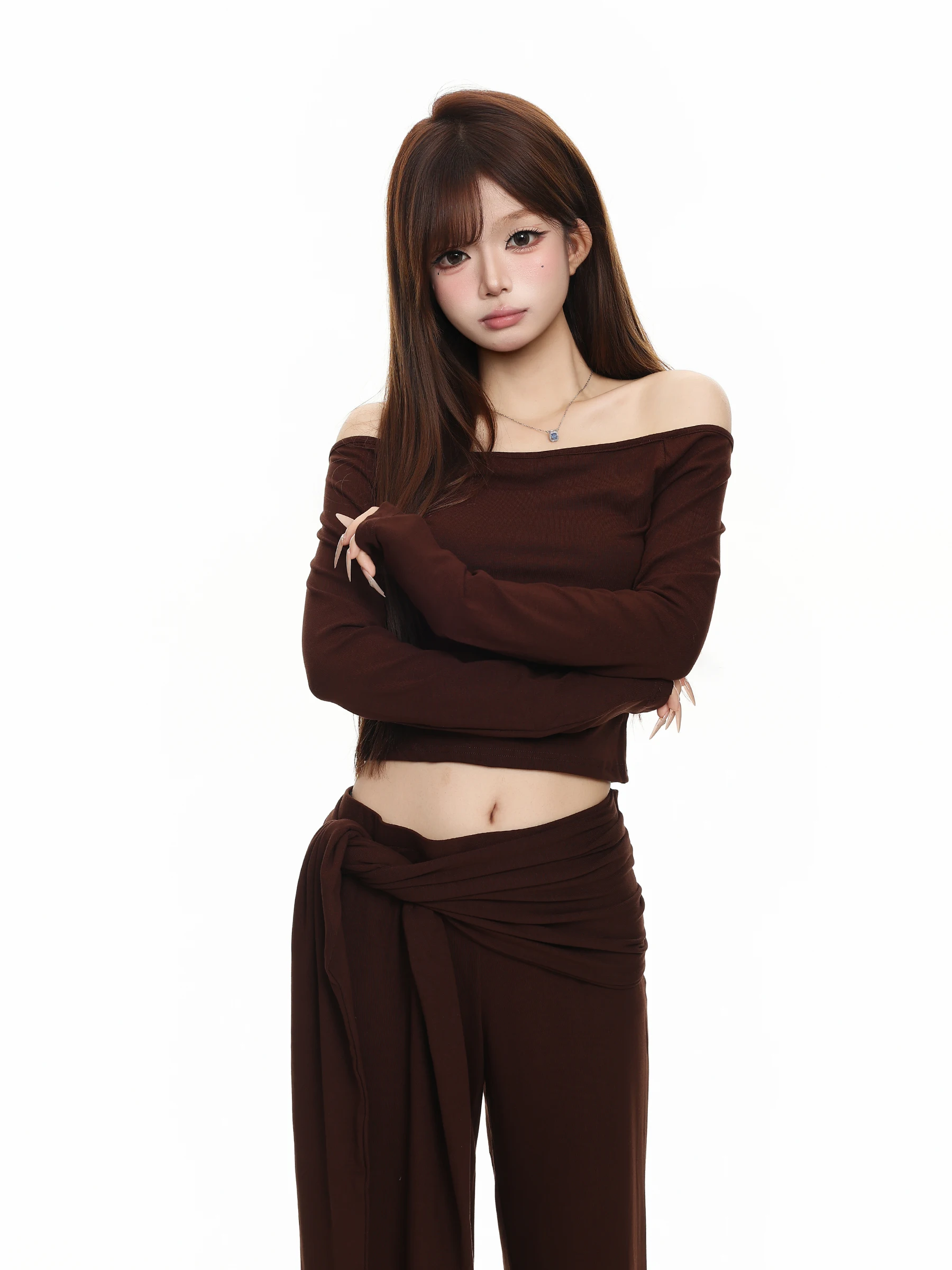 BASTERDS Sexy Spicy Girl Diagonal Shoulder Belly Bared Long Sleeve T-Shirt Women's Autumn Knot Wrap around Long Skirt Set Two...