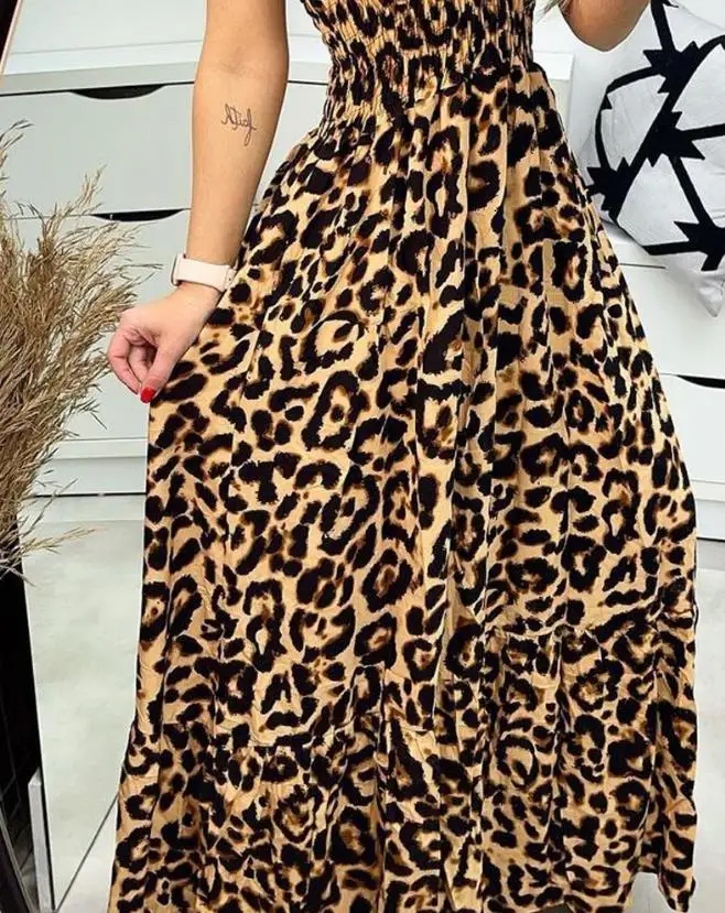 Women Fashion Sexy Leopard Print Shirred Cami Maxi Dress Daily Clothing 2024 Women's High Waist Vacation Casual A Line Dresses