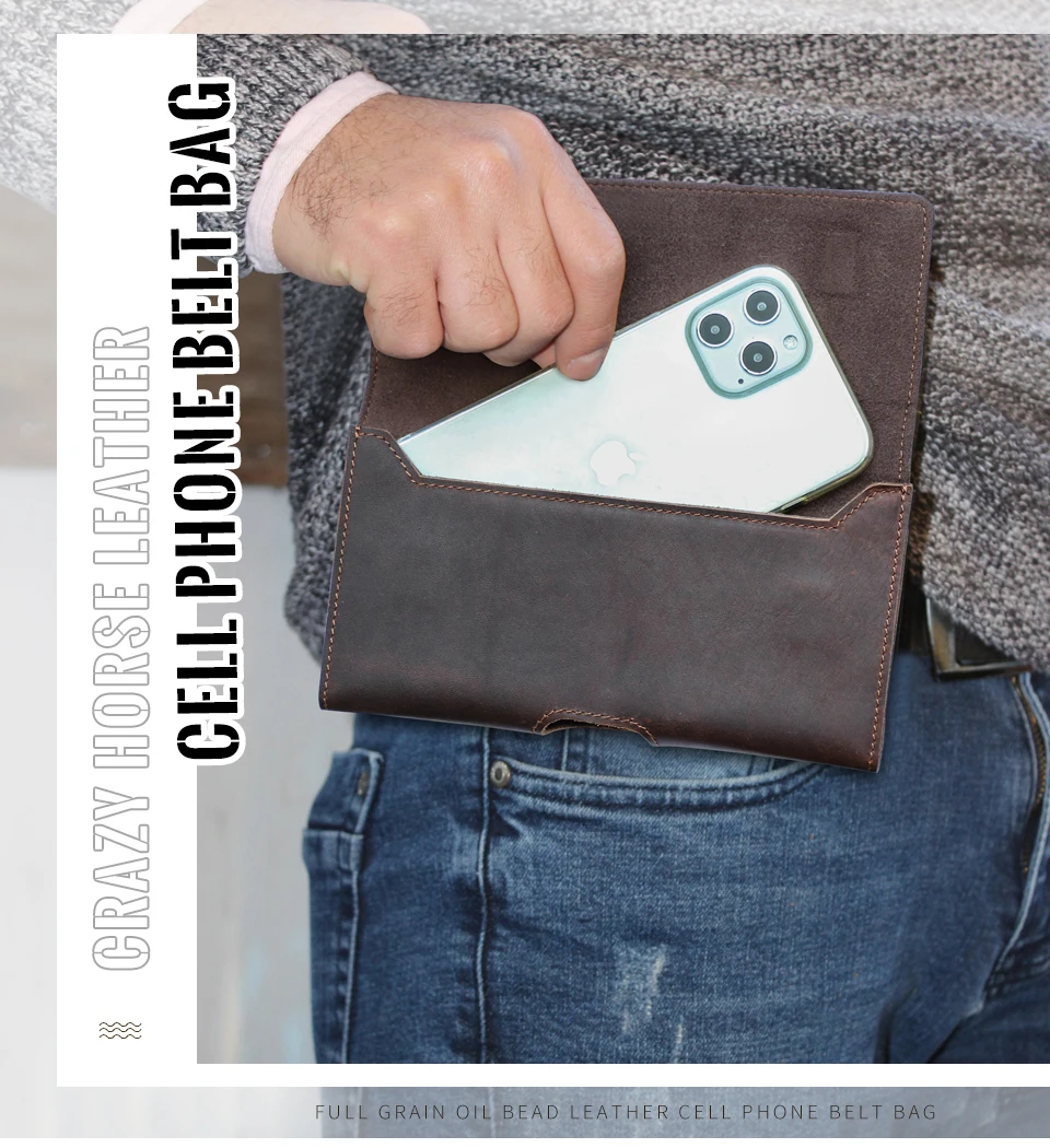 Rindsleder Herren Handy Gürtelclip Tasche für Apple iPhone 17 16 15 14 Pro Max Hülle Samsung Galaxy Handy 4,7–6,9 Zoll Hüfttasche – Detail 1