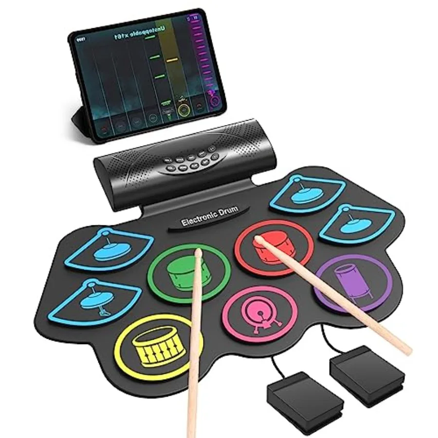 

Momkhx 9 Pad Electronic Drum Set Roll Up Portable Drum Pad Kit with MIDI Bluetooth Built-in Speaker Supports Headphone Bluetoot
