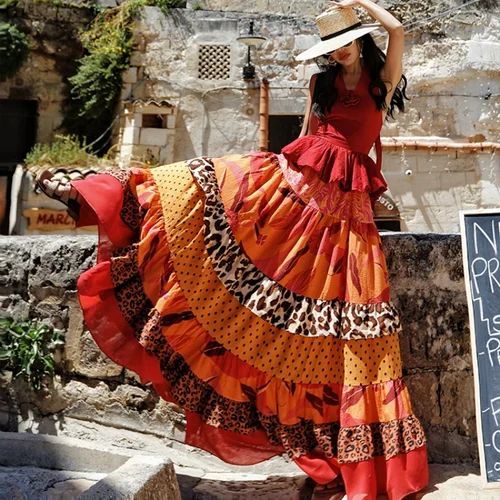 TIYIHAILEY Falda larga larga para mujer, faldas con estampado de pastel de retazos, cintura elástica para mujer, nueva moda de primavera y verano, dobladillo grande 2025