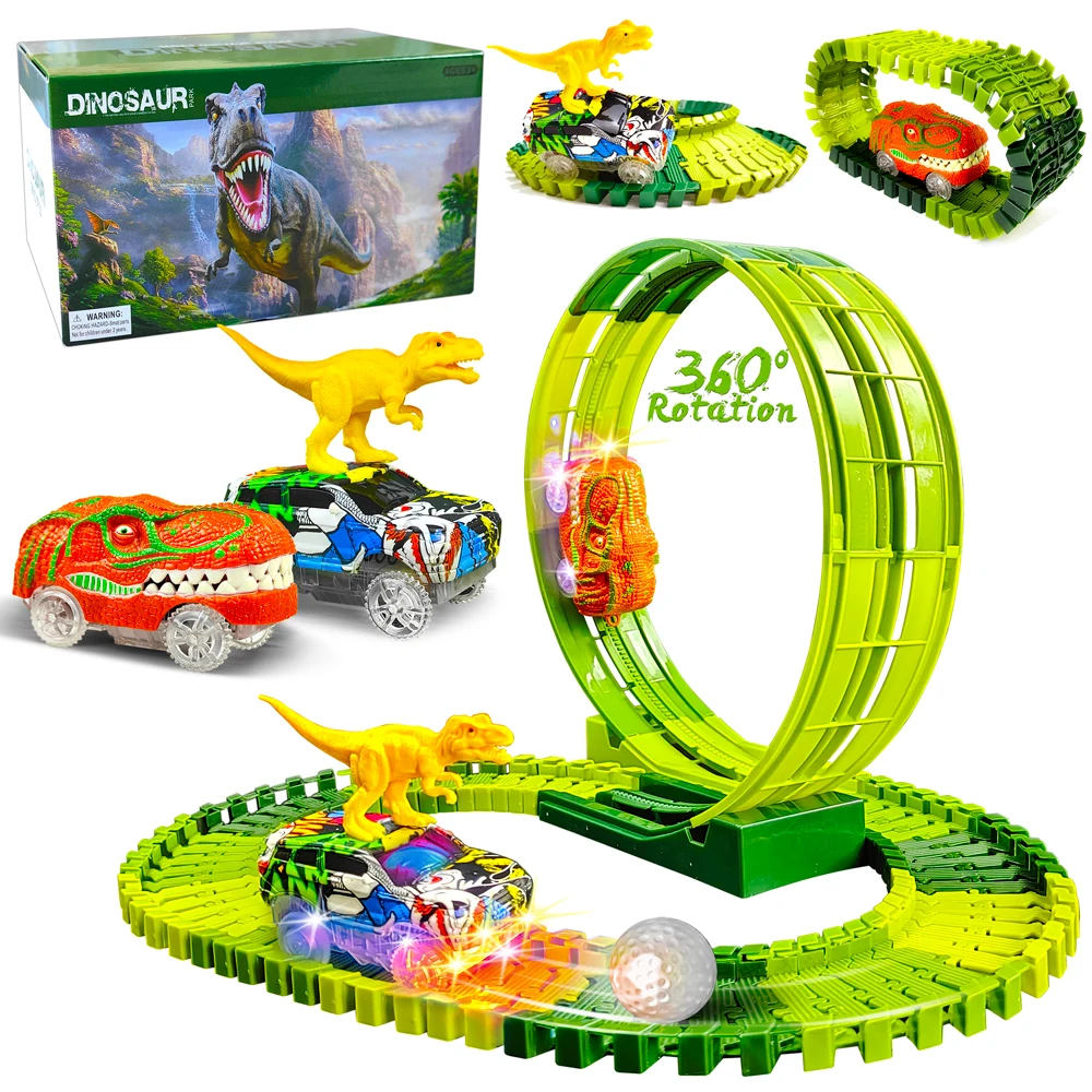 Dinosaur Race Car Track Toys Set Flexible Tracks Car with 360 Loop Playset Gift for Kids Ages 3 4 5 6 7 8 Year Old Boys Girls