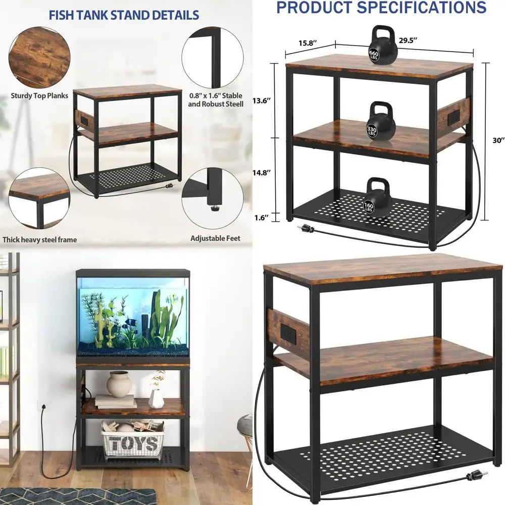 

Sturdy 3-Tier Metal Stand for 20-29 Gallon Aquariums, with Power Outlets, 660 lbs Capacity, Brown, 29.5x15.8x30.1