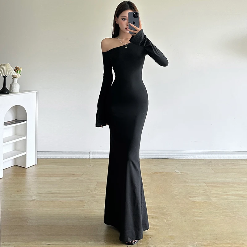 

Elegant Fashion Off-Shoulder Dress Slim-Fitting Slash Neck Long Sleeve Maxi Dresses For Women 2025 Autumn Winter Party Gown Lady