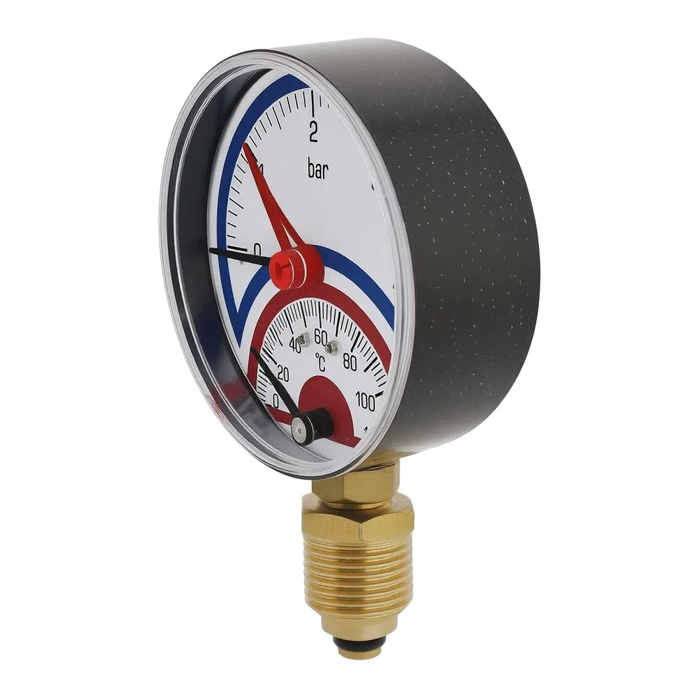 Dual Pointer Thermometer Barometer 0-120C 0-4 Bar Metal Brass Gauge For Underfloor Heating Heat Solar Water System Monitor