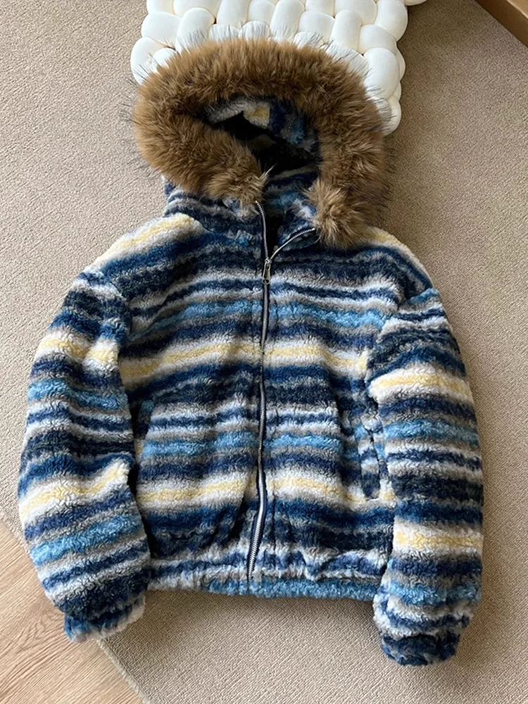 

Thiened Lamb Velvet Cotton Jaet Men's Winter Warm Coat with Big Fur Collar Youth Faion Long Sve Hooded Coat