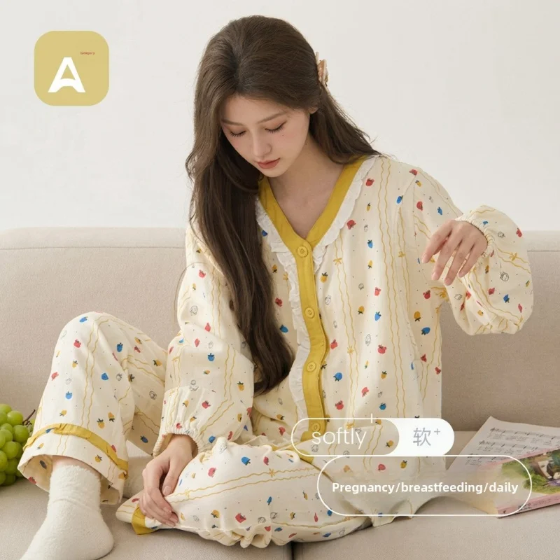 女性用-2-ピース授乳パジャマセット、3-層綿ガーゼ、調節可能な授乳トップ、通気性のあるオールシーズンラウンジウェア