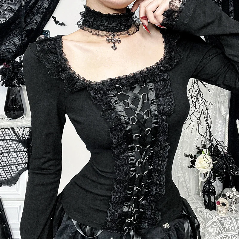 Black Goth Dark Vintage Sexy Lace T-shirt Lace-up Square Collar Tops with Choker Cross for Women